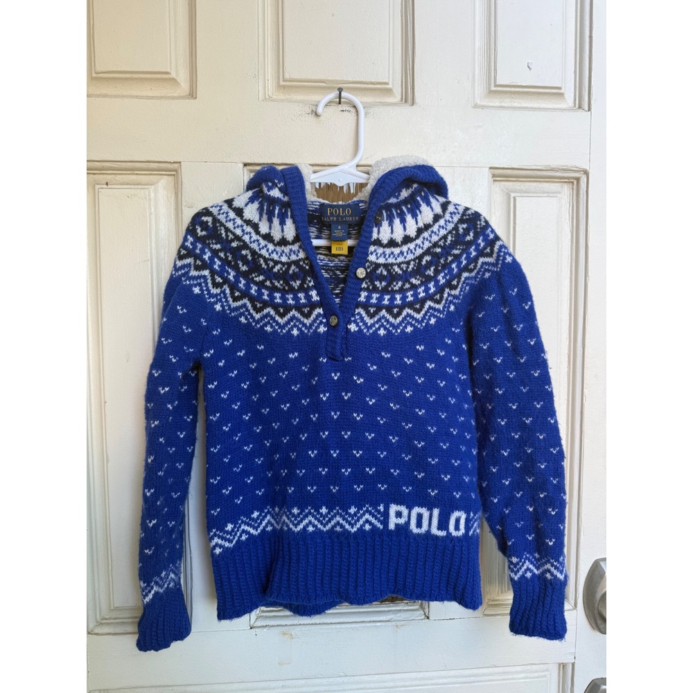 Polo Ralph Lauren Boys Blue Fair Isle Wool Blend Sherpa Hooded Sweater Size 6